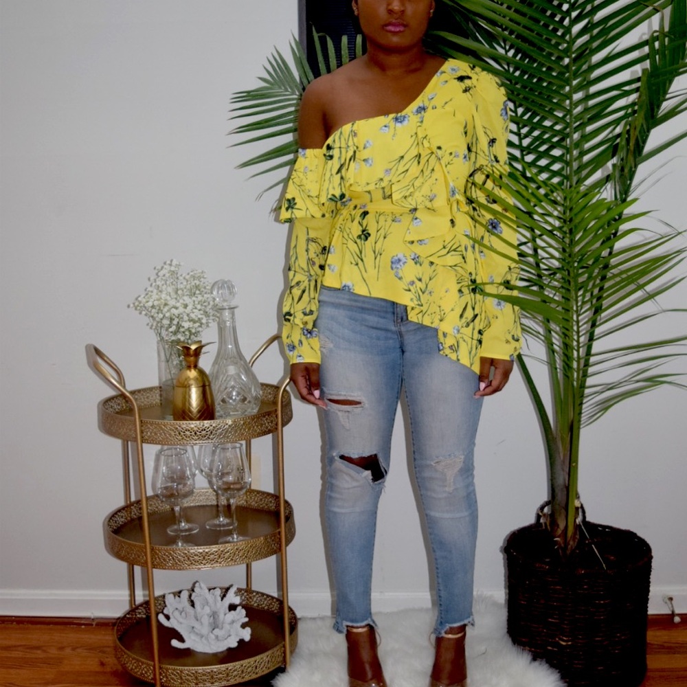 Ruffle, yellow, asymmetric, one shoulder blouse